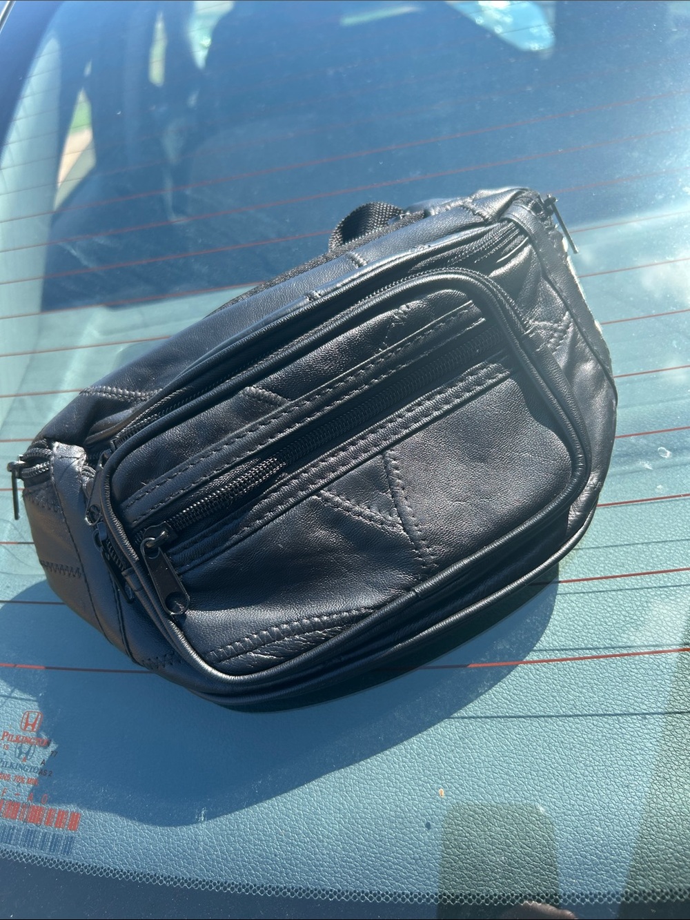Mens/Women Black Leather Waist Pack - Compact Travel Belt Bag